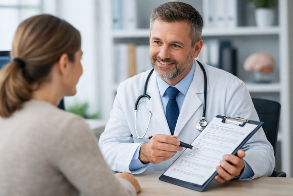 Doctor explaining clinical depression research trials to a patient